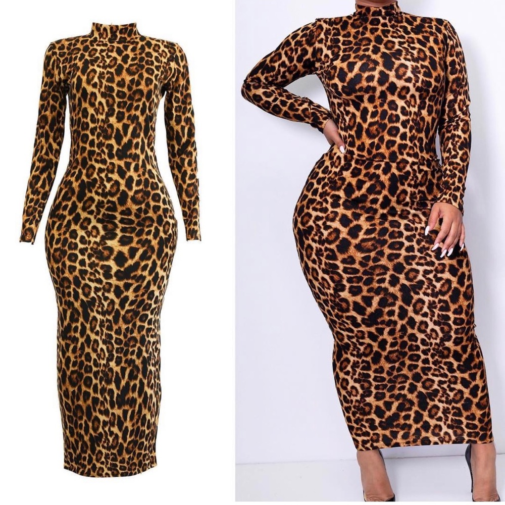 Long sleeve long dress. Cheetah print and cinched waist
